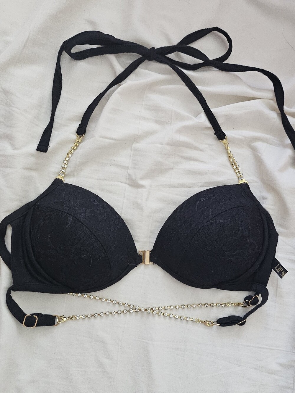 Lipservice Japan Gyaru Black Lace Gold Rhinestone Chain Halter Bra Top